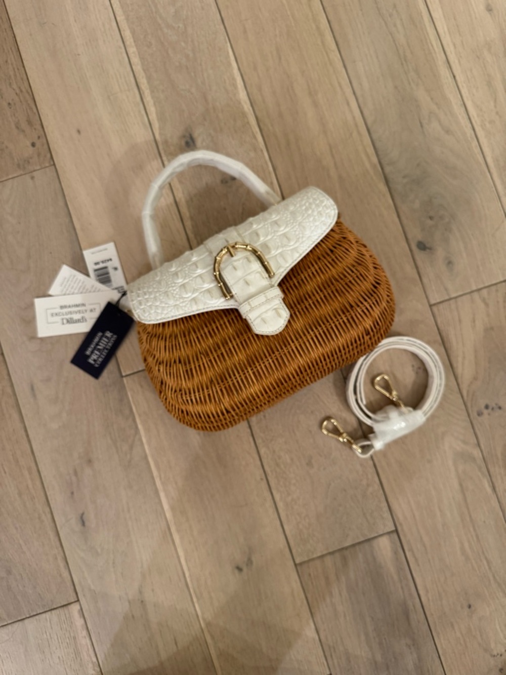 Brahmin White Croc-Embossed Wicker Crossbody Bag - Picture 5 of 8